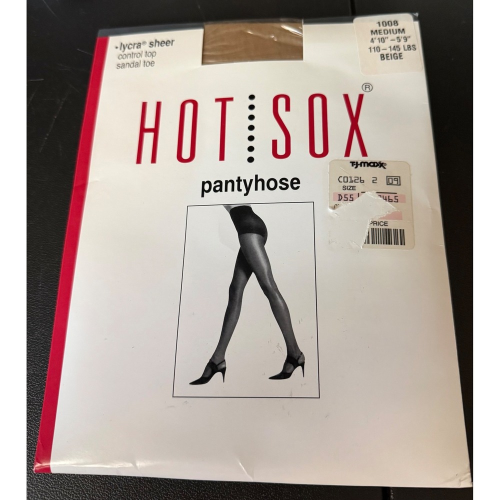 Hot Sox Womens Medium Pantyhose Beige Lycra Sheer Control Top Sandal Toe NEW